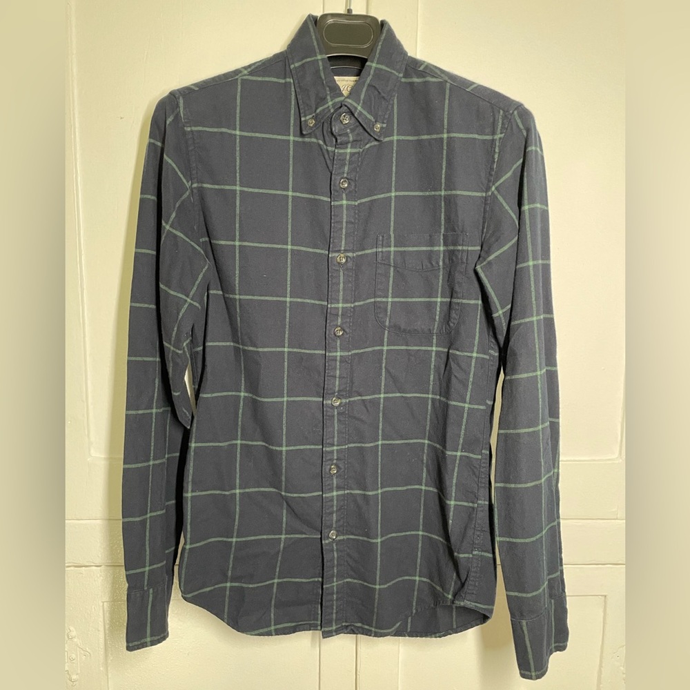 J. Crew Men's Navy and Green Plaid Check Shirt